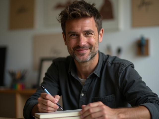 Portrett av Skrift Stues grunnlegger med en kalligrafi-penn og notatbok i et lyst studio